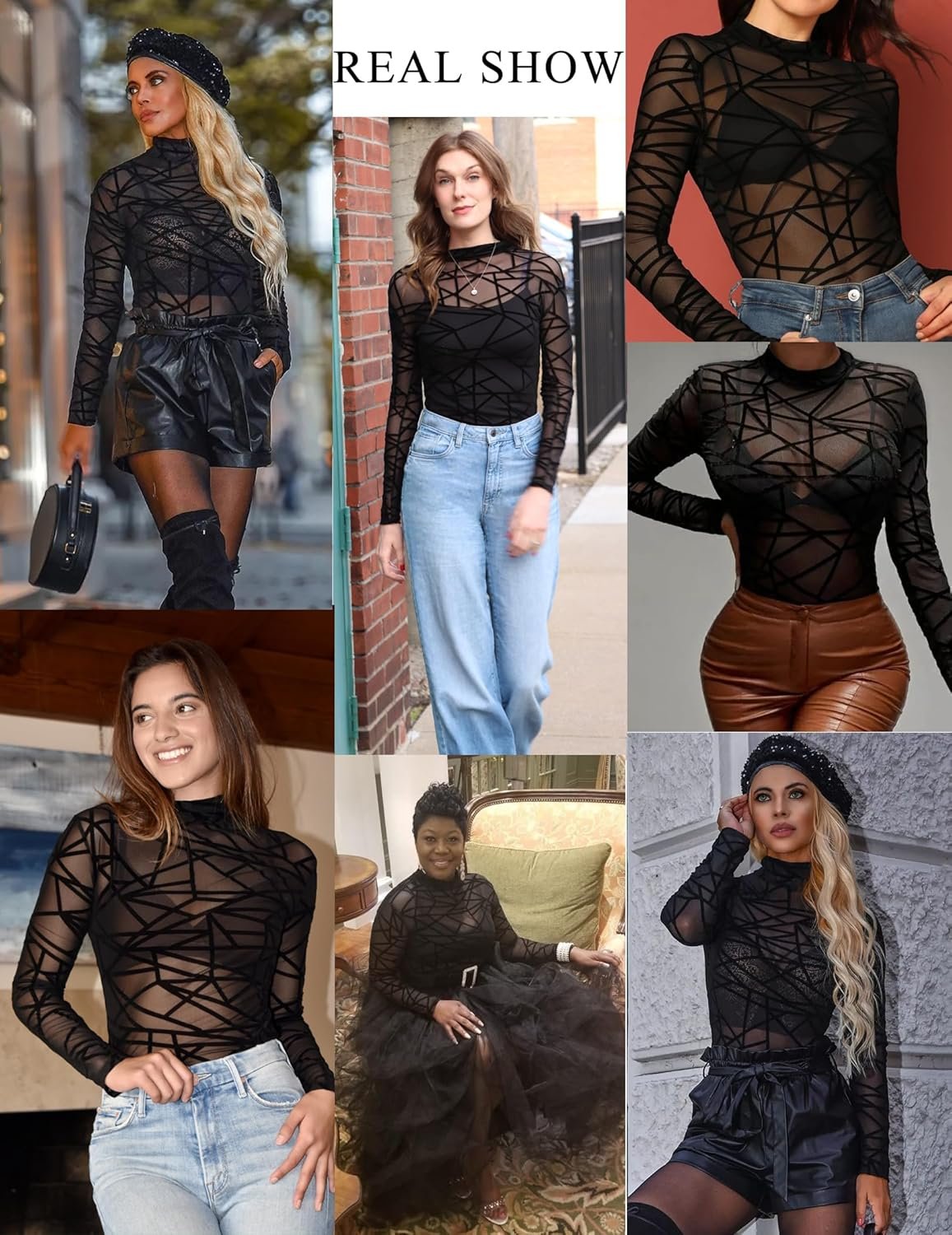 Avidlove Long Sleeve Bodysuit for Women Turtleneck Sheer Mesh Bodysuit Geo Print Leotards - Image 4