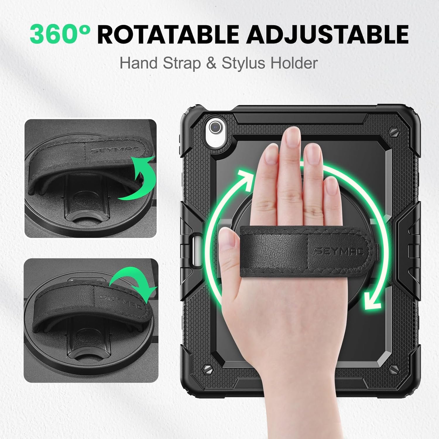 SEYMAC for iPad Air 13 Inch Case M3 2025/ M2 2024, Heavy Duty Shockproof Protective Case with Screen Protector, 360° Rotating Stand, Hand/Shoulder Strap and Pen Holder for iPad Air 13, Black - Image 3