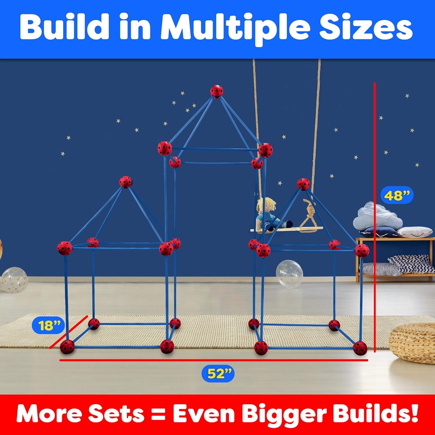 Power Your Fun Fun Forts Kids Tent - 81 Pack Fort Building STEM Toys Kit, Construction Toys Play Tent Indoor and Outdoor Playhouse for Kids with 53 Rods and 28 Spheres (Red, Blue) - Image 5