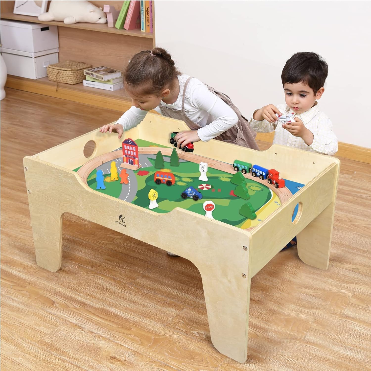 KRAND Kid's Multi-Purpose Activity Play Table with 60 Big Building Bricks and 30-Piece Wooden Train Set for Toddlers(Big-peg Baseplate Version) - Image 2