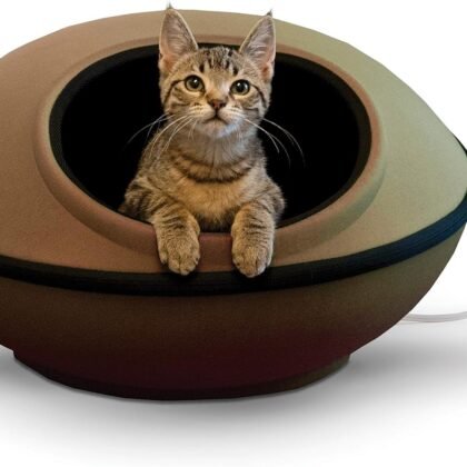 K&H Pet Products Heated Cat Bed for Large Cats, Thermo-Kitty Mod Dream Pod Heated Cat Cave Tent House Bed for Indoor, Warming, Washable Cushion, Waterproof Heater, Safety Listed - 22in Round Tan
