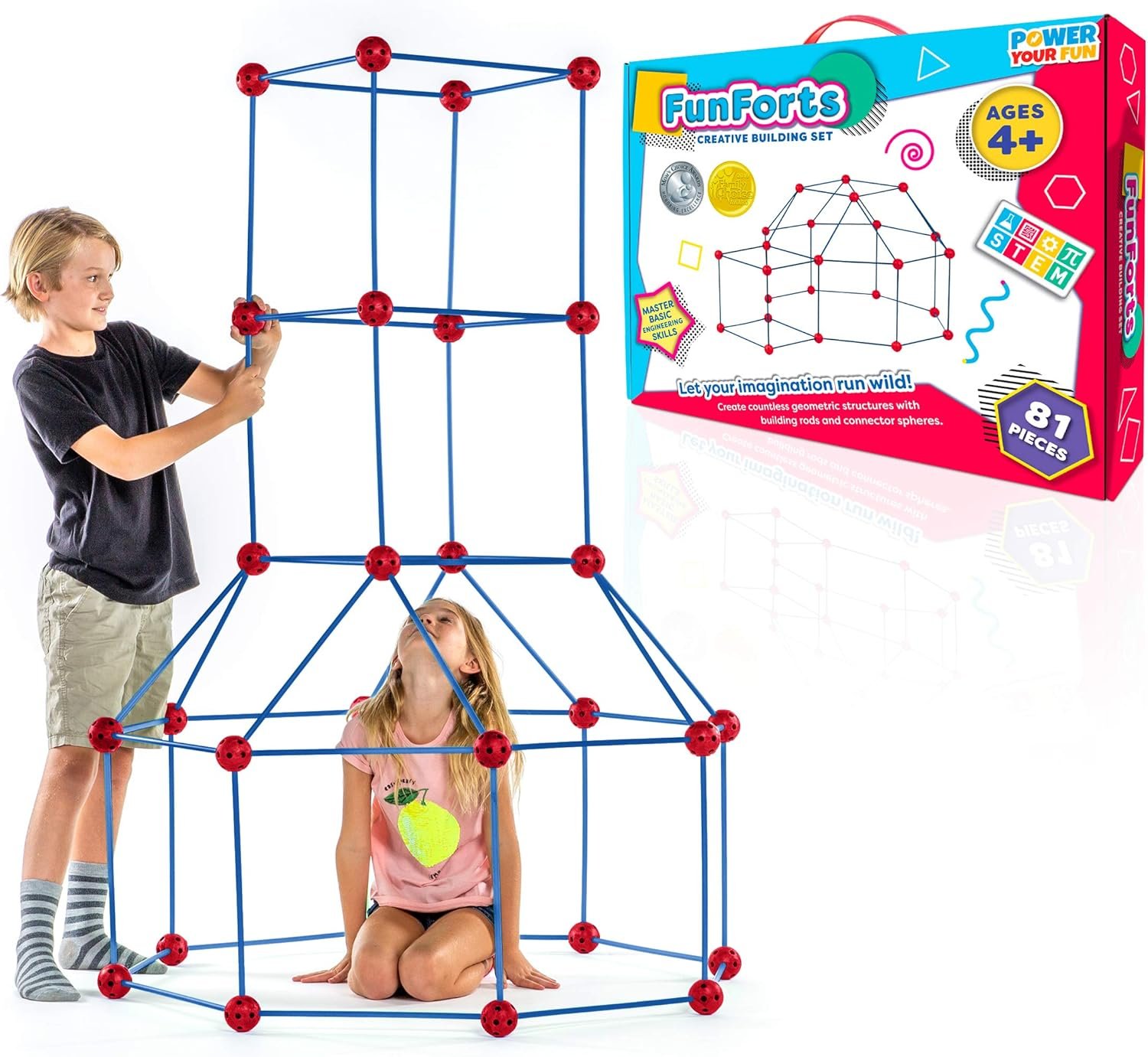 Power Your Fun Fun Forts Kids Tent - 81 Pack Fort Building STEM Toys Kit, Construction Toys Play Tent Indoor and Outdoor Playhouse for Kids with 53 Rods and 28 Spheres (Red, Blue)