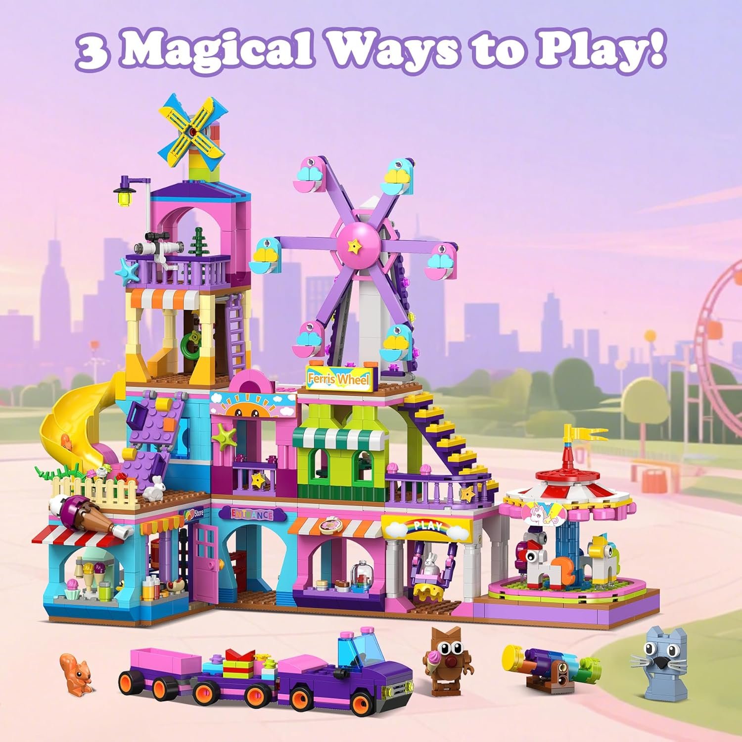 HOGOKIDS 3 Modes Girls Park Building Set - Friendship City Park Building Blocks Toy Set, Friends DIY Building Toys with Ferris Wheel, Spinning Carousel, Slide | Gifts for Girls Boys Age 8 9 10 11 12+ - Image 7