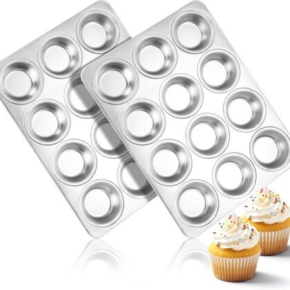 Herogo 2 Pack 12-Cup Stainless Steel Cupcake Pan Tin for Making Egg Muffin Quiches, Metal Muffin Tray Set for Baking, Mini Brownie, Regular Size & Easy Clean, Oven & Dishwasher Safe