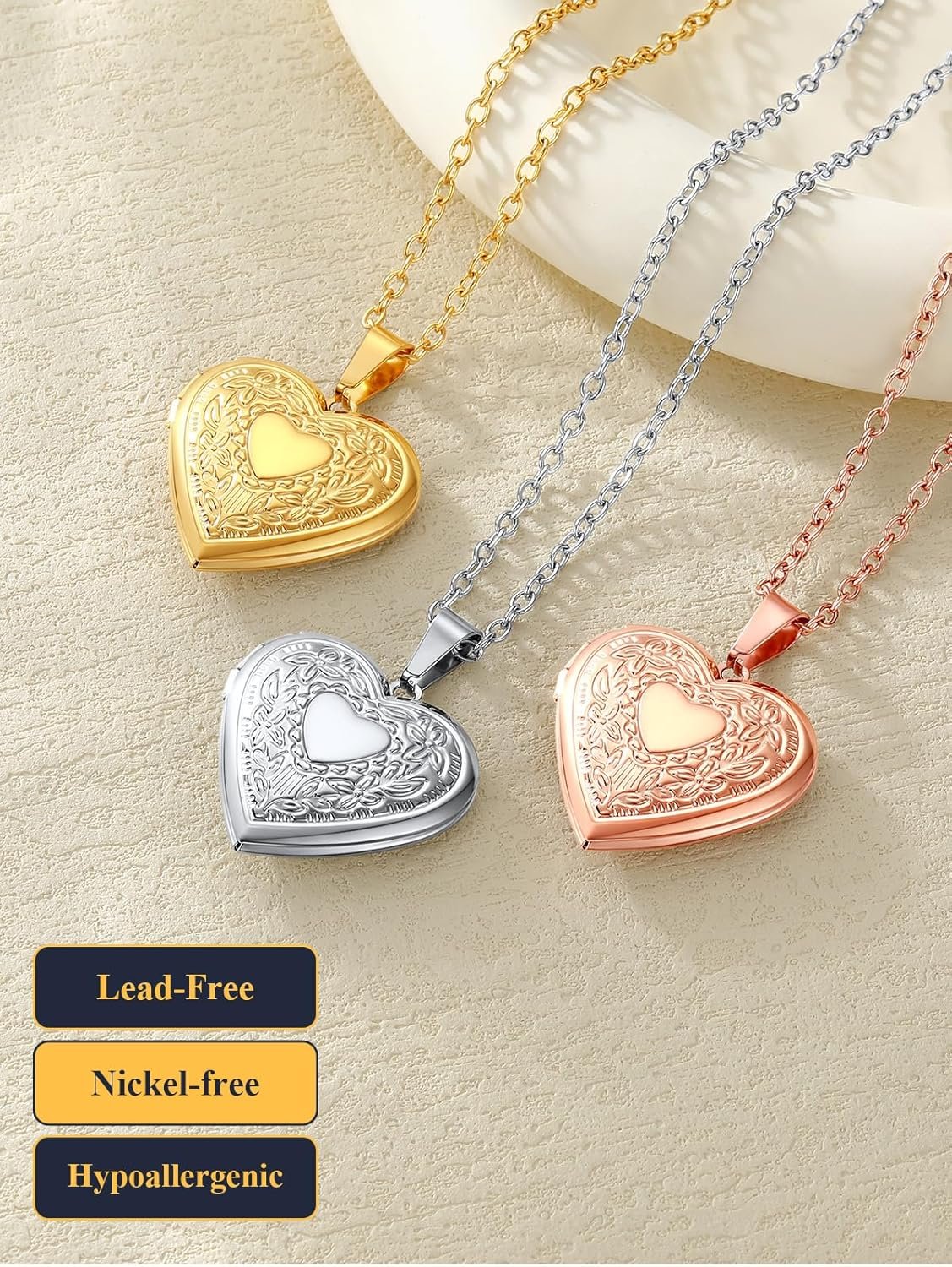 U7 Women Locket Necklace Platinum 14K Gold Photo Lockets that Hold Picture,Chain 20 Inch Personalized Gift Custom Love Heart Image Necklaces - Image 5