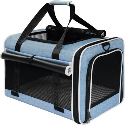 PAPZER Top Loading Medium Cat Carrier with Privacy Curtain, Soft-Sided Small Pet Travel Crate Vet Approved, Little Puppy Dog Kennel Bag Suitcase Luggage Sleeve, 18x11x11 Inch Blue