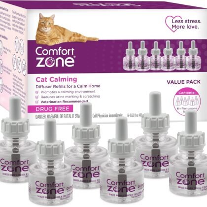COMFORT ZONE Cat Calming Diffuser Refill, 6 Pack – Cat Calming Pheromone Refills Help Reduce Anxiety, Stress, Scratching, Urine Marking, Aggression, (30-Day Refills, 180-Day Supply)