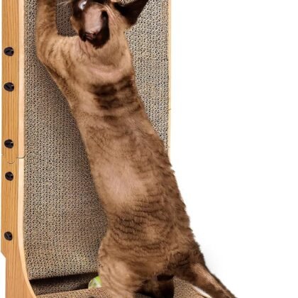 EHEYCIGA Cardboard Cat Scratcher for Indoor Cats, 26.8 Inch L Shaped Vertical Cat Scratching Board with Ball Cat Toy, Large Cat Scratcher Pad, Brown