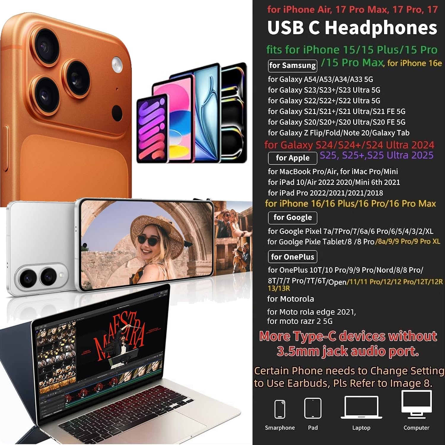 USB C Headphone for Samsung Wired Earbuds Magnetic in-Ear Type C Earphone with Microphone Volume Control Deep Bass Stereo Noise Canceling for iPhone 17 Pro Max Air 16 16e 15 Pixel 10 9a (Black) - Image 2