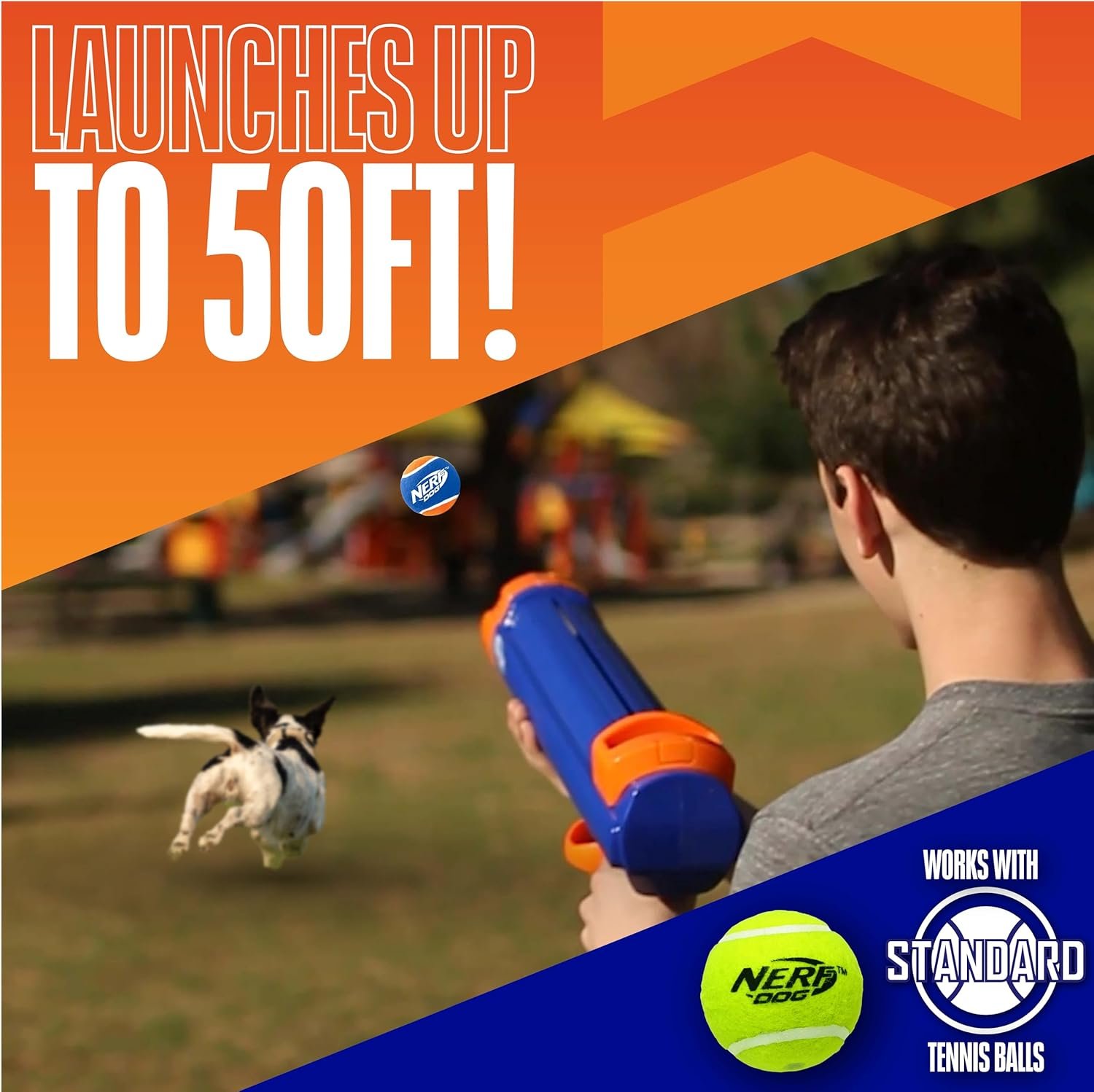 Nerf Dog Tennis Ball Blaster Dog Toy Blue/Orange, 16 Inch Compact Blaster with 1 Ball - Image 2