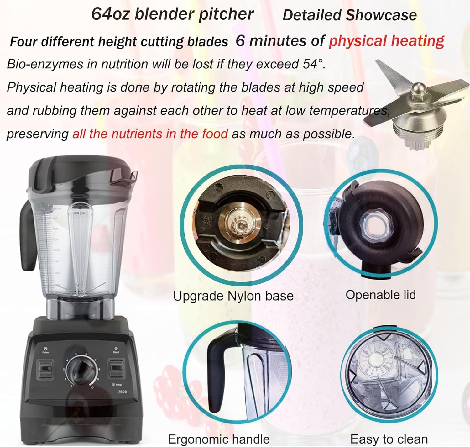 Blender Pitcher 64oz Low-Profile, Compatible with 780 75-0 75-00 5000 5200 7800 Vm0102 Vm0103 Vm0197 E310 Professional/Commercial/ClassicSeries etc Blender, BPA-Free Blender jar cup,10 Years Warranty - Image 7