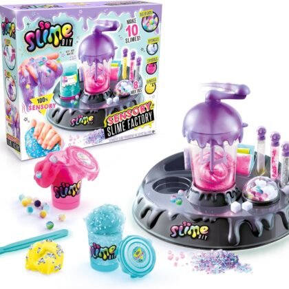 So Slime DIY Sensory Factory; Makes 10 Slimes; No Glue; No Mess; Sensory Mix’ins to Create ASMR Feels; Just Add Water and Turn The Crank; Slime Storage Containers Included