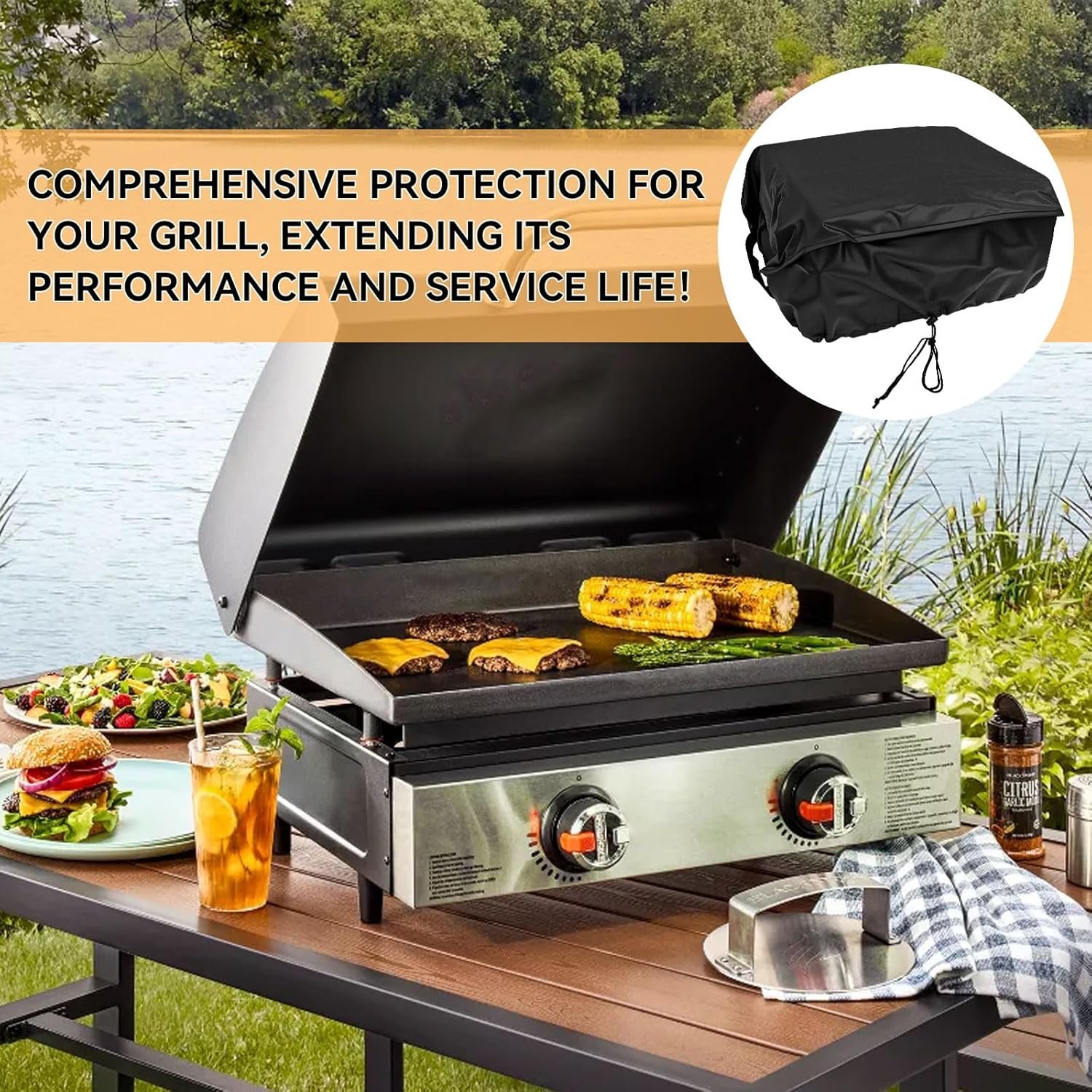 Griddle Cover for Blackstone 22in Tabletop Griddle with Hood & Captiva Designs 22 in Flat Top Grill - BBQ Gas Grill Cover Tabletop Griddle Cover for Outdoor Grill, Waterproof, Anti-UV, Black - Image 7