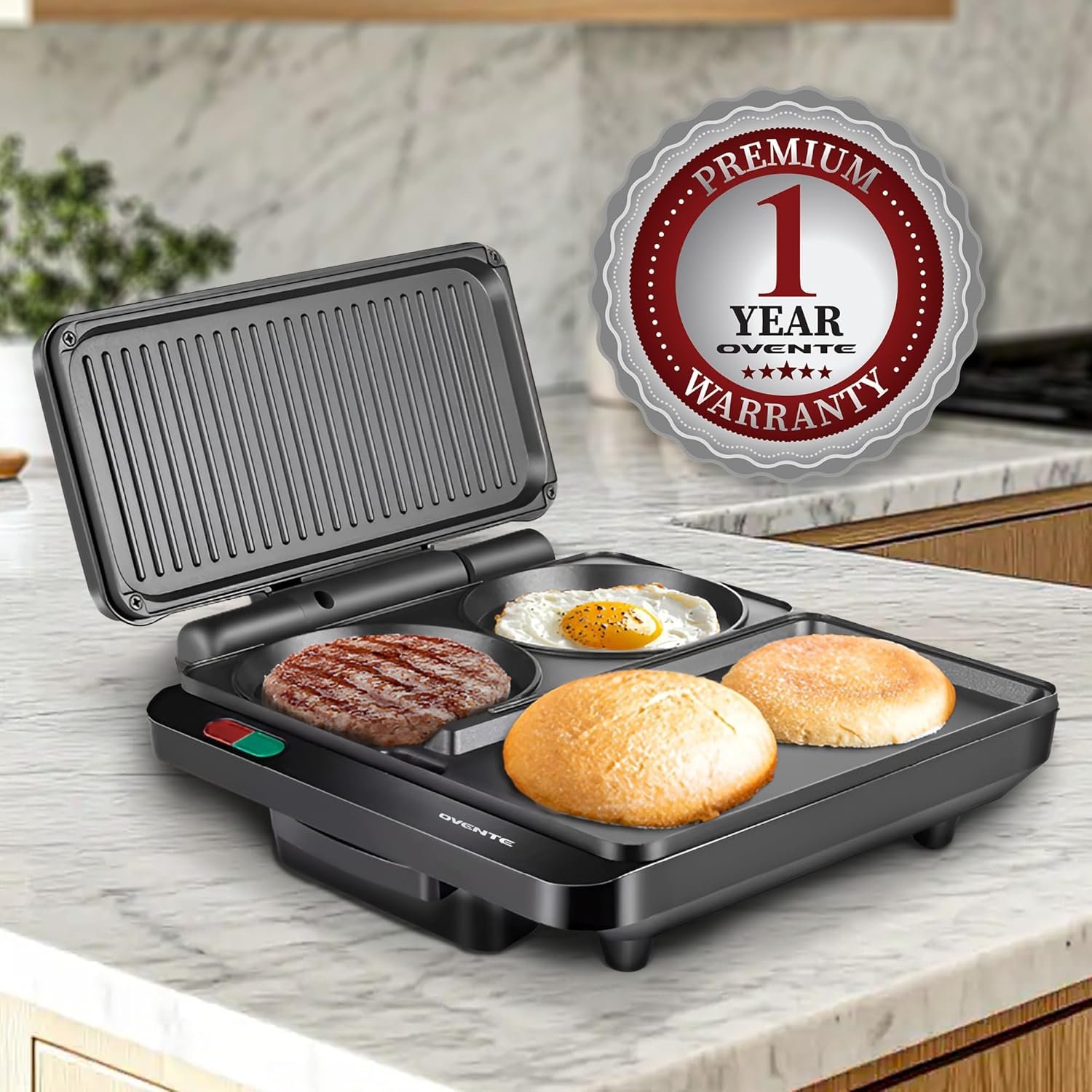 OVENTE Sandwich Maker and Hamburger Grill Machine with Non-Stick Griddle and Griller Plate, 1000W Electric Multipurpose Breakfast Station for Sandwiches, Burgers, Egg Muffin & Pancakes, Black HMG111B - Image 8