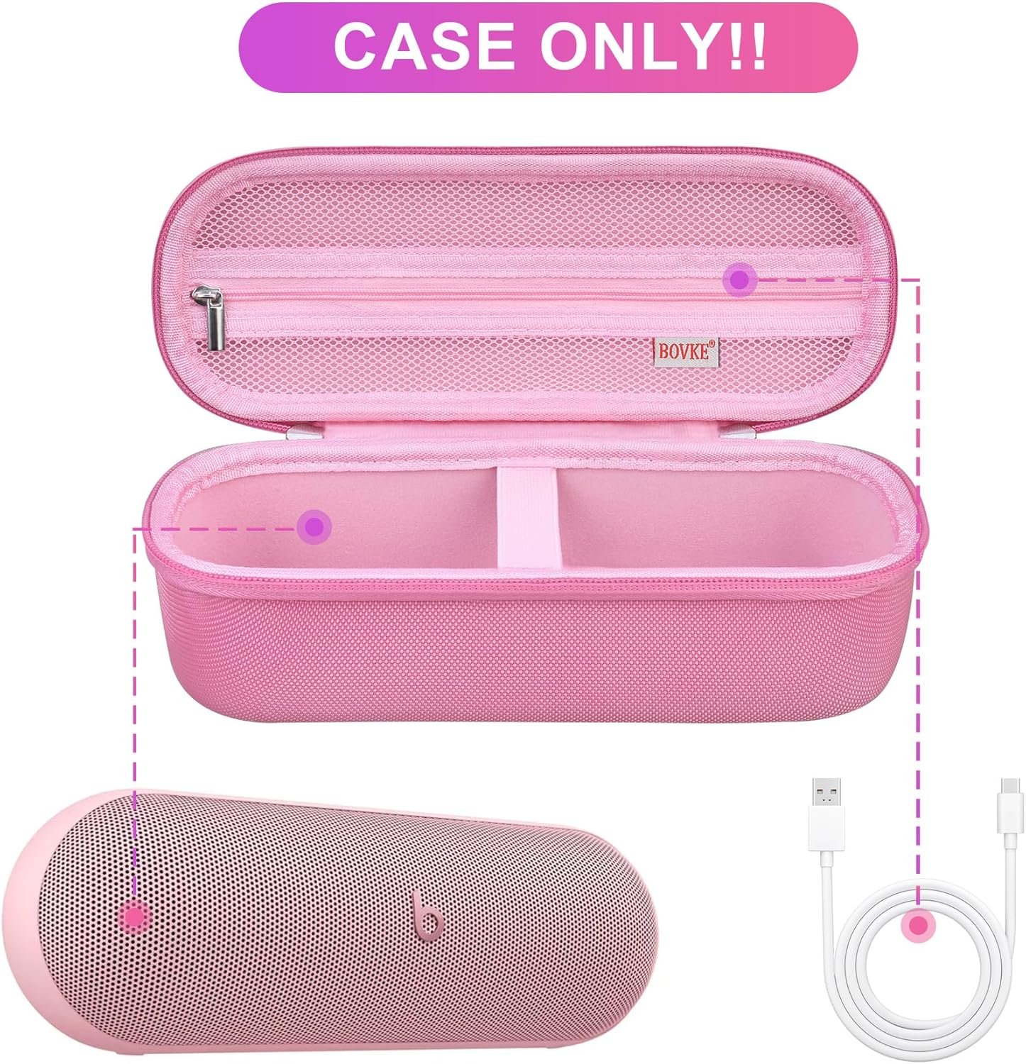 BOVKE Carrying Case for Beats Pill - Portable Bluetooth Speaker, New Beats Pill Wireless Speaker Travel Holder Bag with Extra Mesh Pocket for Charging Cables, Accessories, Pink - Image 2