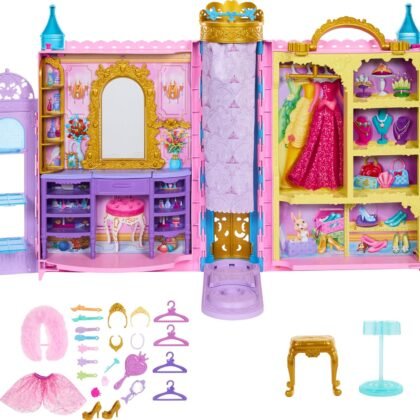 Mattel Disney Princess Toys, Ready for The Ball Closet Playset Opens to 2 Feet Wide & Includes 2 Fashions, 25 Accessories, Storage & More