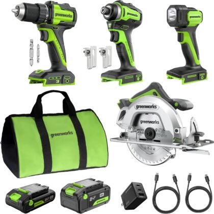GREENWORKS 24V (4-TOOL) Combo (1/2” Drill + 1/4” Impact Driver + 6.5” Circular Saw + 200Lm Flashlight), 4.0Ah + 2.0Ah Batteries (24,000mAh Power Bank), (2) Braided Cables, 65W Rapid Charger