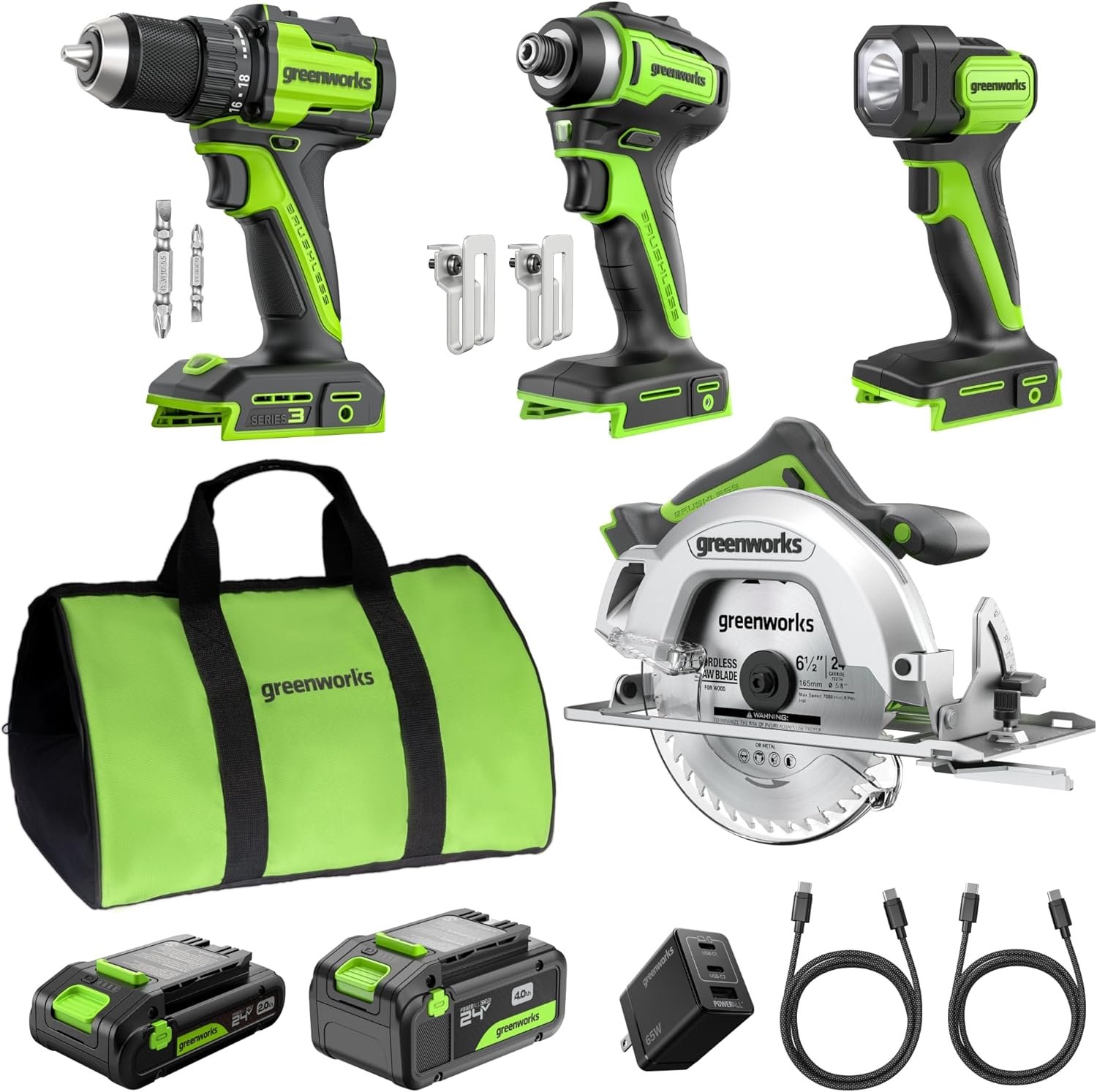 GREENWORKS 24V (4-TOOL) Combo (1/2” Drill + 1/4” Impact Driver + 6.5” Circular Saw + 200Lm Flashlight), 4.0Ah + 2.0Ah Batteries (24,000mAh Power Bank), (2) Braided Cables, 65W Rapid Charger