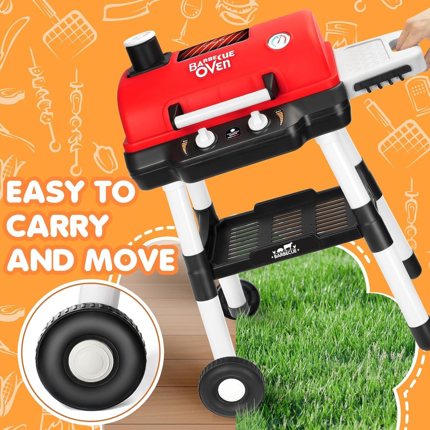 Kids Play Kitchen Toys, Kids BBQ Grill Playset with Smoke Sound Light, 2-Layer Barbecue Toy with Wheels, Outdoor Play Food Toys Cooking Set for Toddlers 3-5, Birthday for Boys Girls - Image 3