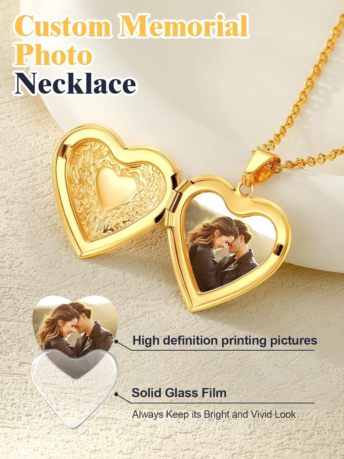 U7 Women Locket Necklace Platinum 14K Gold Photo Lockets that Hold Picture,Chain 20 Inch Personalized Gift Custom Love Heart Image Necklaces - Image 4
