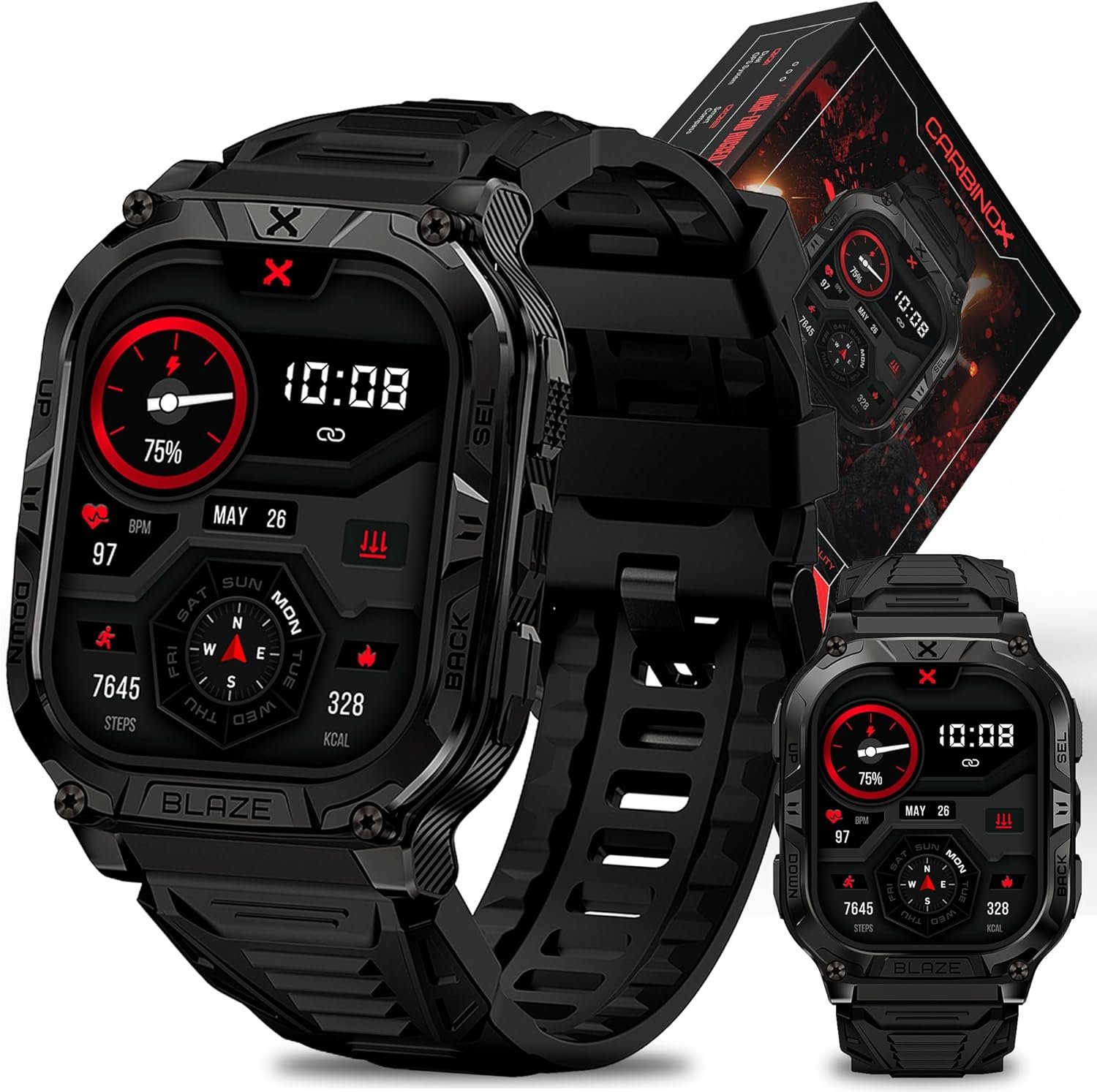 CARBINOX Blaze Smart Watch with GPS – Rugged Fitness Trackers, IP69K Waterproof, 170+ Sports Modes, Gorilla Glass, Make/Receive Calls, Step Counter Watch, Android & iOS Compatible
