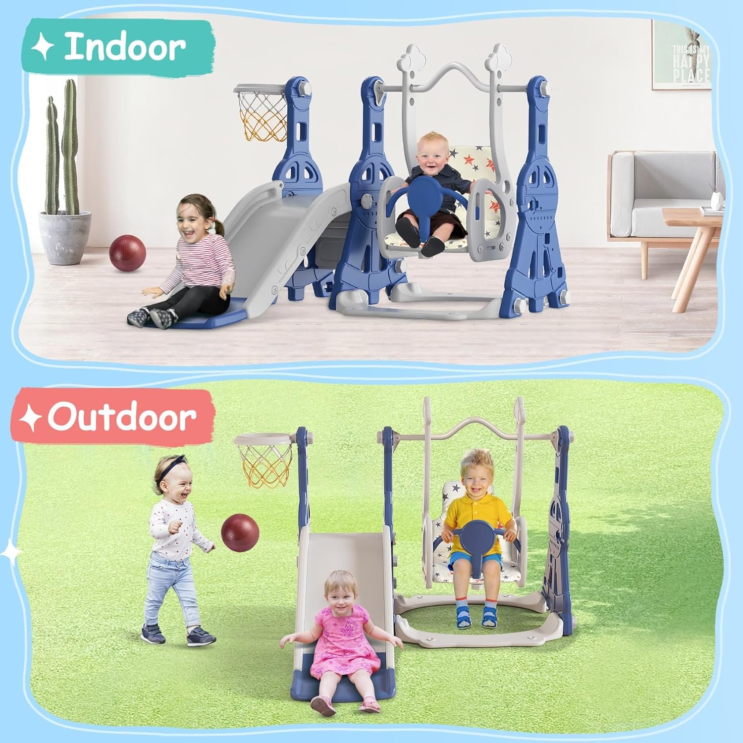 BIERUM 4 in 1 Toddler Slide and Swing Set, Baby Slide for Toddlers Age 1-2, with Basketball Hoop, Indoor Outdoor Toddler Playset Blue - Image 8