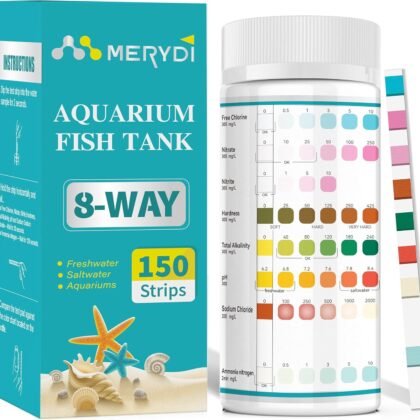 Merydi Aquarium Test Strips,8 Way Aquarium Ammonia Test Strips for Saltwater Freshwater Aquariums,Pond Fish Tanks,150 Aquarium Test Kit-Test pH, Alkalinity,Nitrate,Ammonia and More