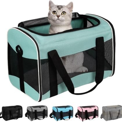 Cat Carrying Case Pet Dog Carrier Soft-Sided Cat Bag Airline Approved, Pet Travel Carrier Up to 15 Lbs, Collapsible Cats Carrier Dog Carrier for Medium Small Cats Dogs(17x11x11 Green)