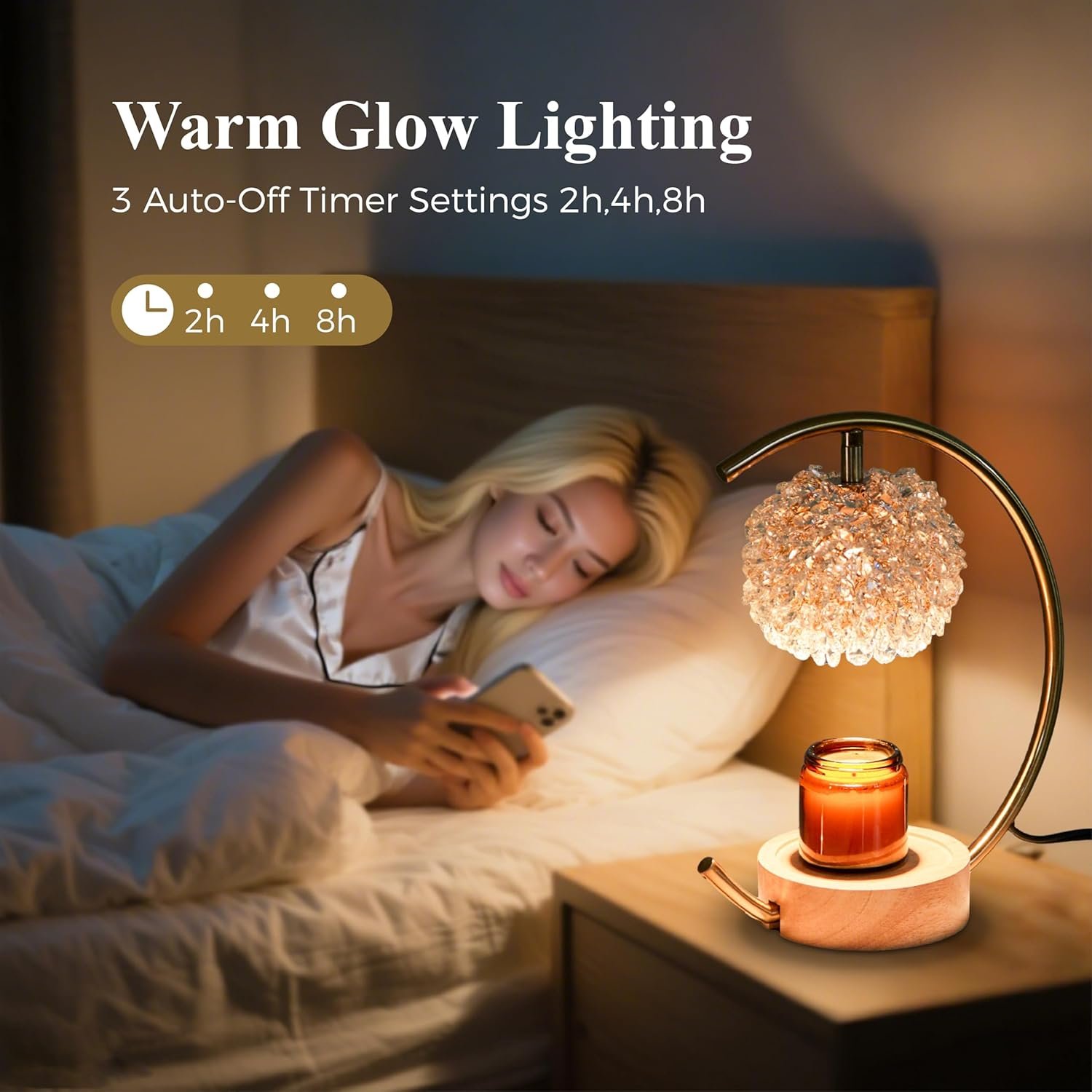 Gold Candle Warmer Lamp for Jar Candles with Adjustable Brightness&Timer,Handcrafted Crystal&Wooden Base, Luxurious Design,Home Decoration Electric Candle lamp(C-Shaped) - Image 5