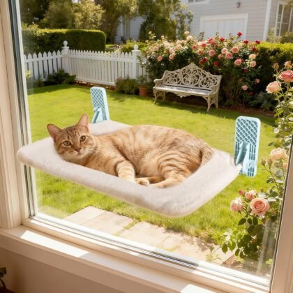 Revolutionary Cat Window Perch Hammock with Strong Adhesive Tapes, Solid Metal Frame and Reversible Cover Cat Bed for Window, Foldable Design
