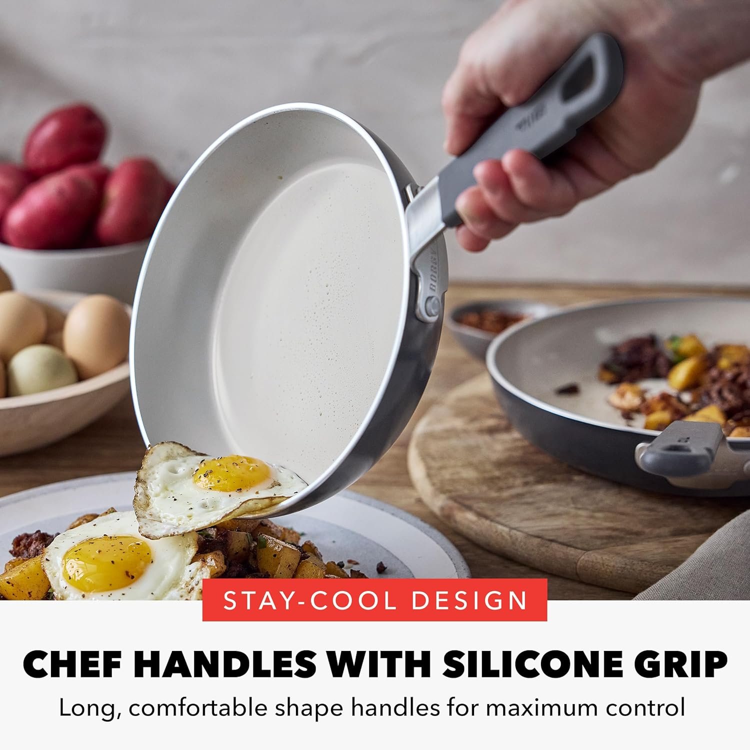 GreenPan x Bobby Flay 13 Piece Nonstick Cookware Pots and Pans Set, PFAS-Free Diamond Ceramic, Induction Suitable, Easy Clean Dishwasher & Oven Safe, Stay-Cool Silicone Handles, Glass Lids, Graphite - Image 6