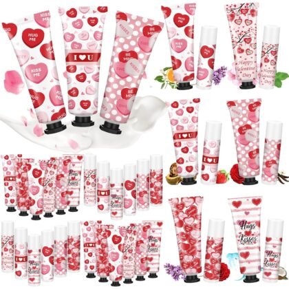 Demissle 12 Sets Valentine's Day Party Favor Gifts Galentine's Hand Cream Lip Balm Bulk Set Red Candy Heart Moisturizing Hand Lotion Exchange Basket Stuffer Bingo Gifts for Women Teacher Coworker