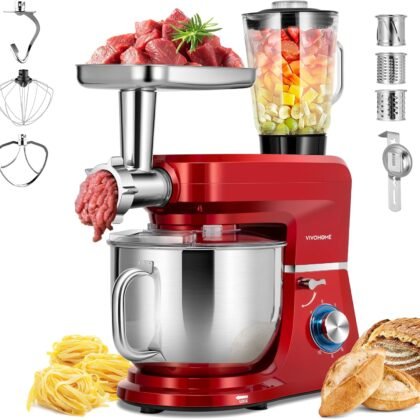 VIVOHOME 6-in-1 Stand Mixer, 8.5 Quart Electric Tilt-Head Kitchen Mixer with Bowl, Multifunctional Food Mixer for Cake, Bread, and Dough, with Meat Grinder, Blender, Pasta Maker Attachments, Red