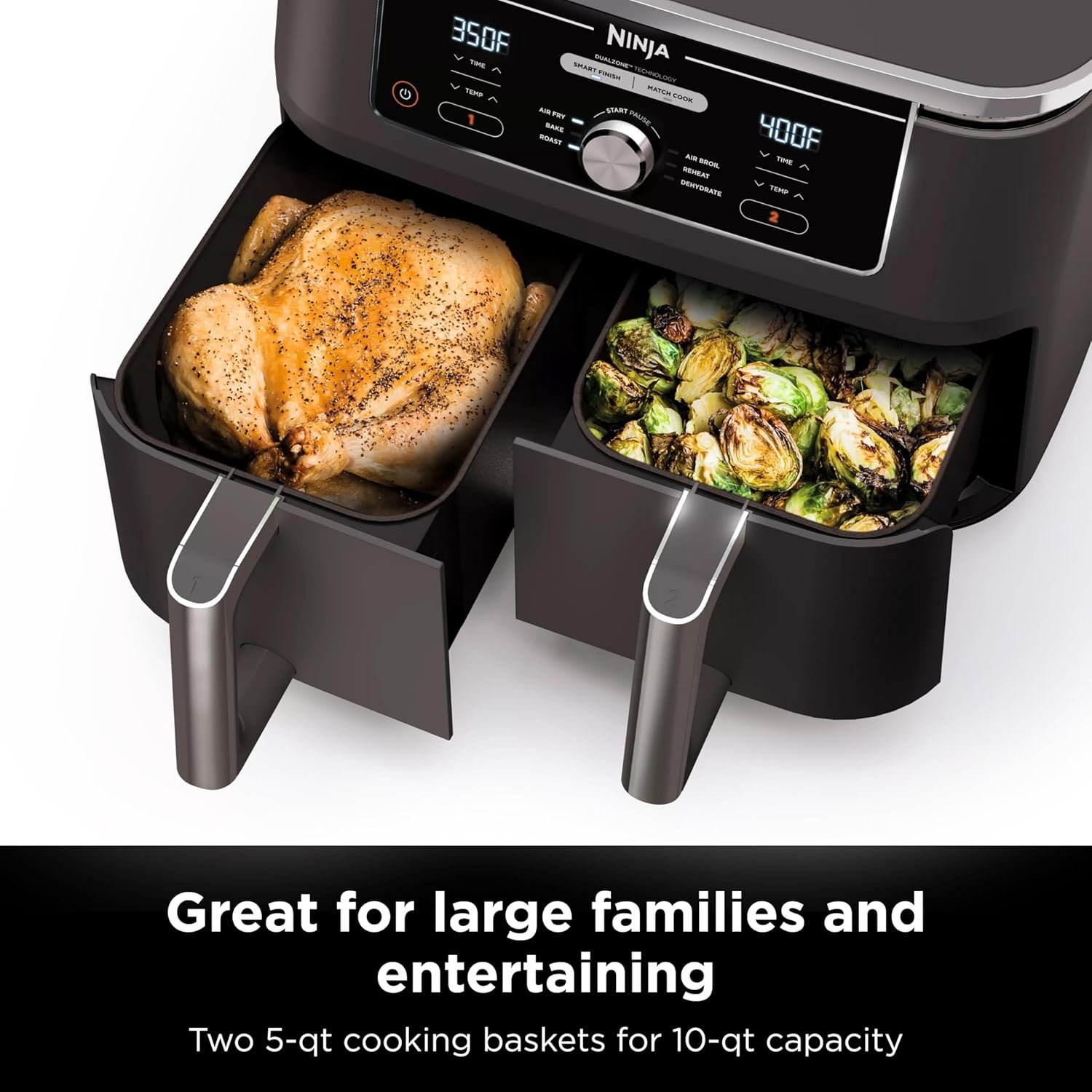 Ninja DZ401 Foodi 10 Quart 6-in-1 DualZone XL 2-Basket Air Fryer with 2 Independent Frying Baskets, Match Cook & Smart Finish to Roast, Broil, Dehydrate for Quick, Easy Family-Sized Meals, Grey - Image 3