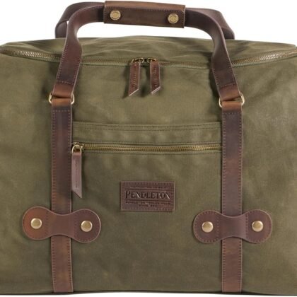 Pendleton Odyssey Collection Canvas Duffle Bag, Olive Green with Leather Trim, Waxed Cotton, 20x13x12 Inch, Removable Shoulder Strap