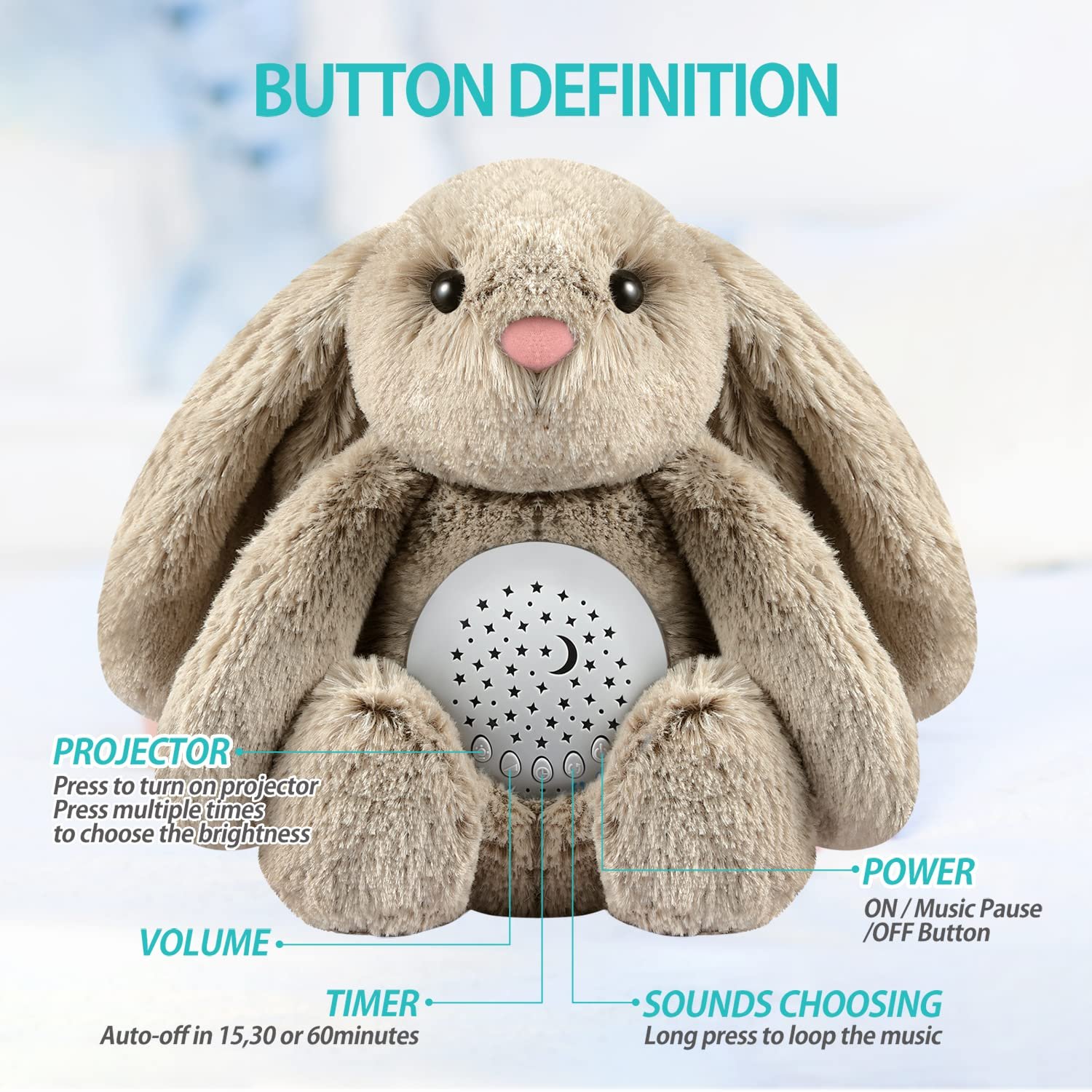 BEREST Baby Sleep Soother Bedtime Bunny with Starry Projector Night Light, Plush Stuffed Animal for Newborn Infants, Lullaby Music, White Noise, Mother's Heartbeat for Boys & Girls Shower Gifts - Image 6