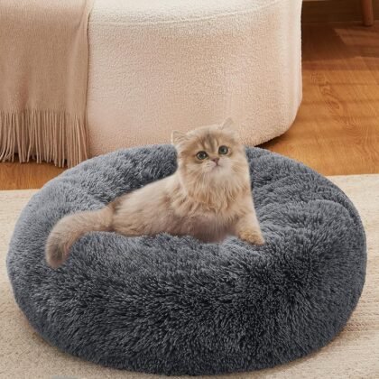 OhGeni Calming Donut Cat Bed Pillow for Small Pets, Machine Washable Removable Cover, Comfort Plush Fluffy Faux Fur with Anti-Slip Bottom, Dogs-Friendly Round Cuddly Design, Gray, 20 inches