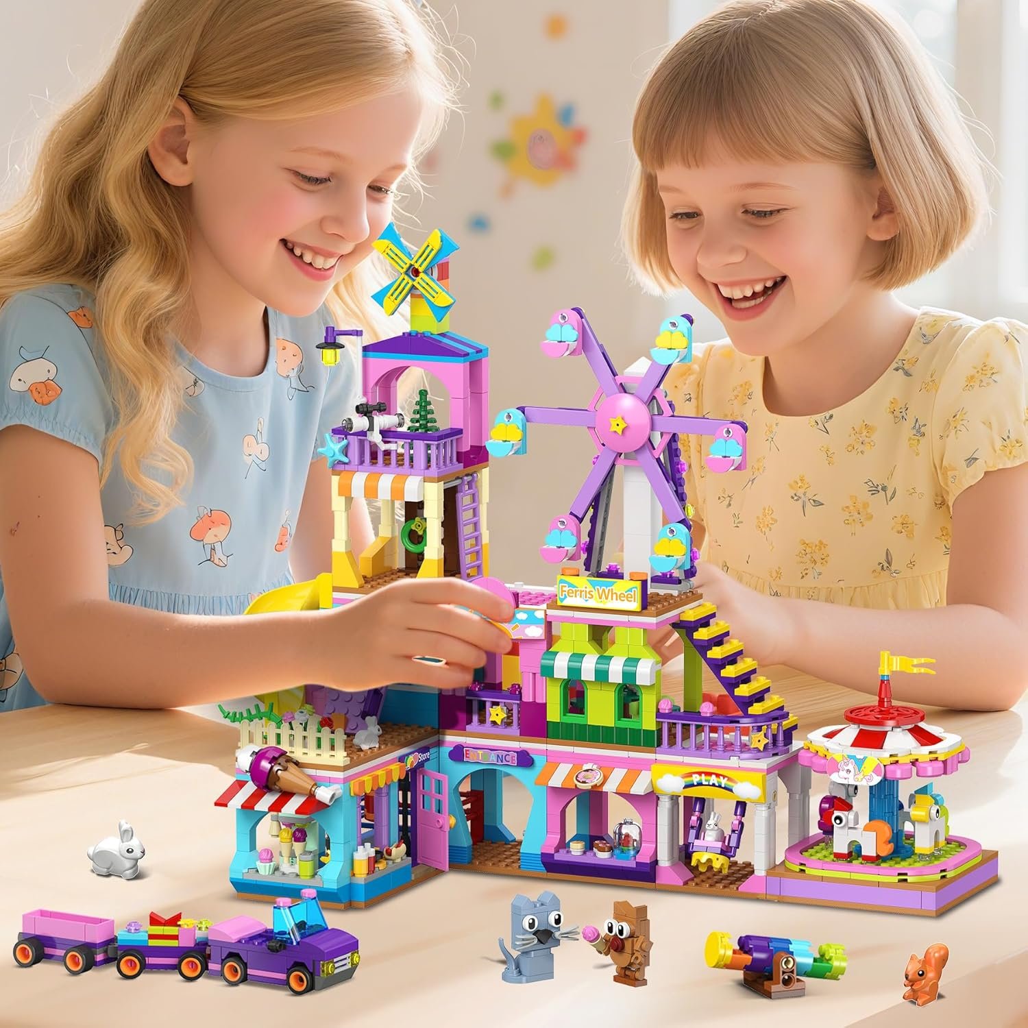 HOGOKIDS 3 Modes Girls Park Building Set - Friendship City Park Building Blocks Toy Set, Friends DIY Building Toys with Ferris Wheel, Spinning Carousel, Slide | Gifts for Girls Boys Age 8 9 10 11 12+ - Image 6