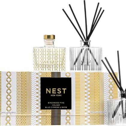 NEST New York Festive Petite Diffuser Trio - 1.3 fl oz Each - Includes Holiday, Birchwood Pine, and Blue Cypress & Snow - Fragrance for Up to 90 Days - Includes All-Natural Reed Sticks - Flame Free