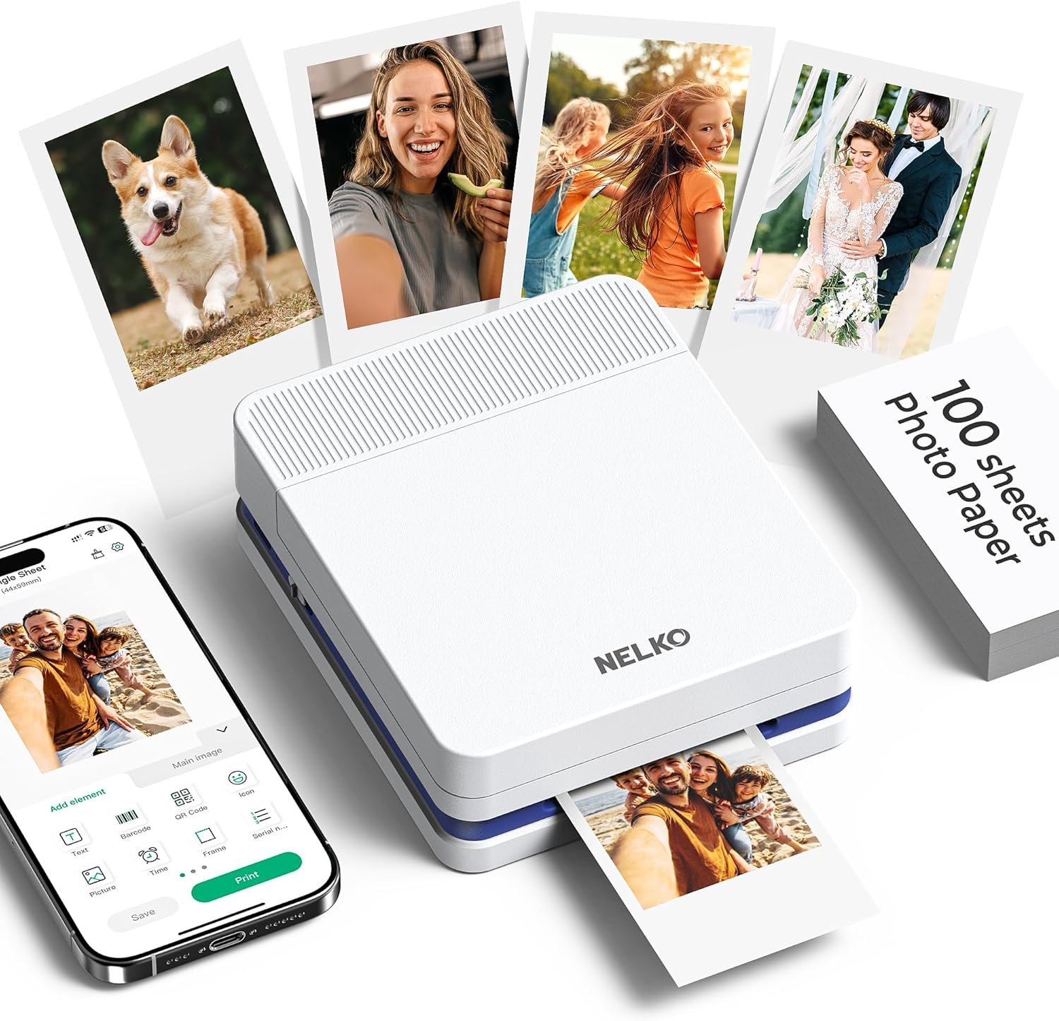 Nelko Portable Photo Printer, PP03 Color Mini Photo Printer with Smart AI APP for iPhone & Android, with 100 Sheets of Photo Paper, AI Bluetooth Picture Printer for Christmas, Family, Travel, White