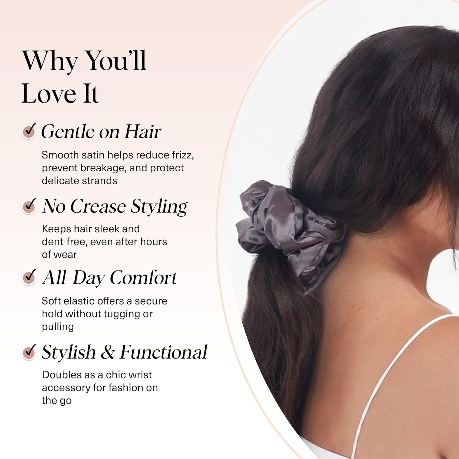 Kitsch Satin Hair Scrunchies for Women, Softer Than Silk Scrunchies for Hair - No Damage Satin Hair Ties, Ponytail Holders | Ideal Gifts for Women, 2pc (Blush/Charcoal) - Image 4