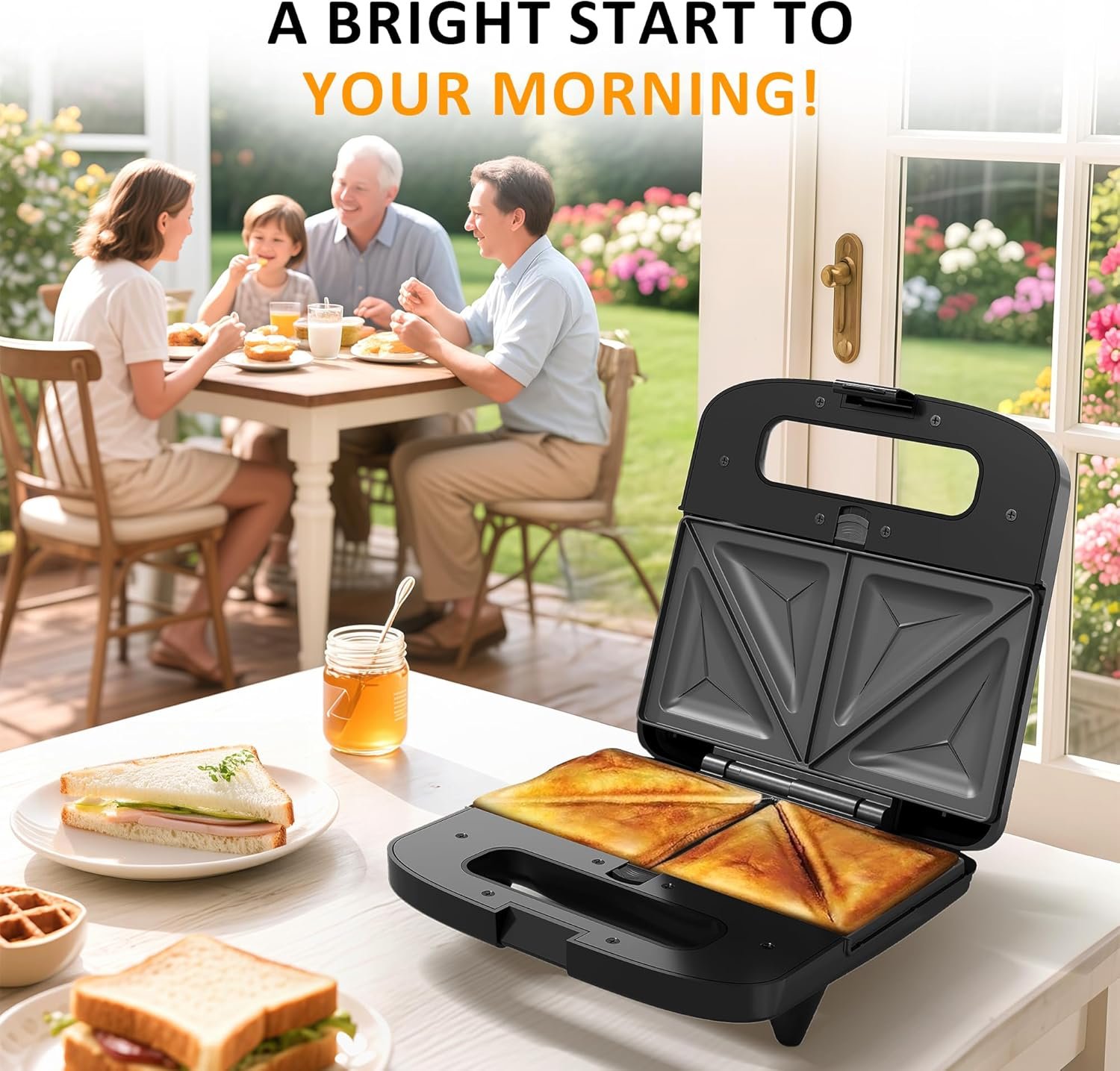 Sunvivi 3 in 1 Electric Sandwich Maker: Panini Press Grill and Waffle Iron Set, Grill and Sandwich Press with Removable Nonstick Plates, Indicator Lights & Cool Touch Handle, 800W, Black - Image 8