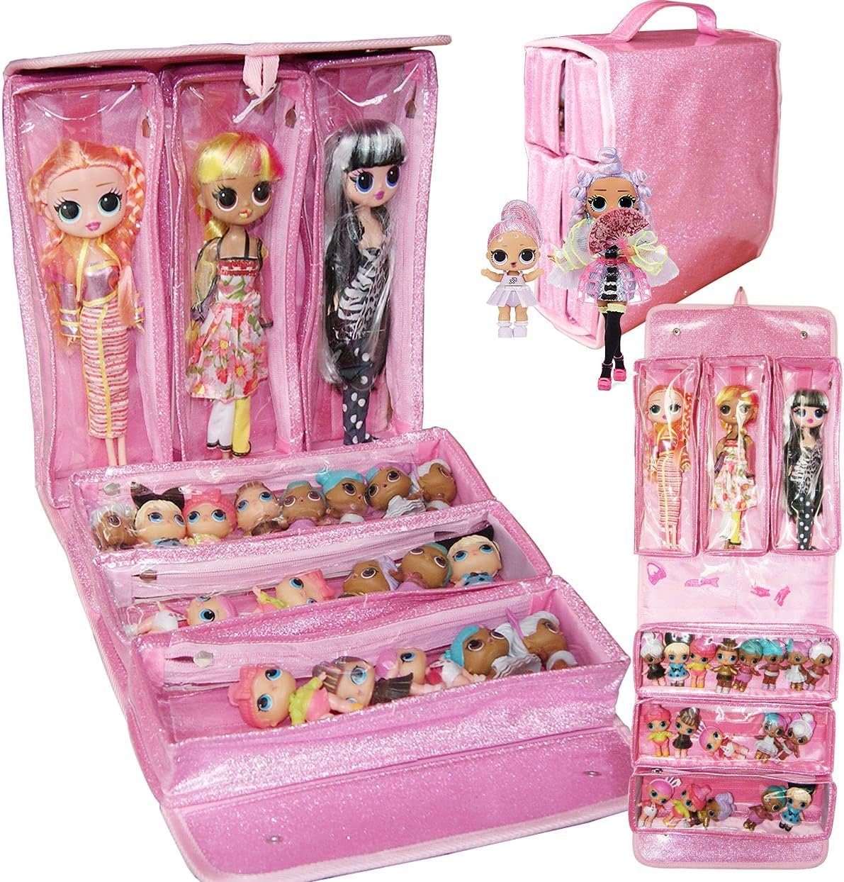 Leeche Carrying & Display Case for Dolls Compatible with LOL OMG Dolls&All Dolls,Clear View Hanging Dolls House,Easy Carrying Storage Organizer(Dolls Not Includ )