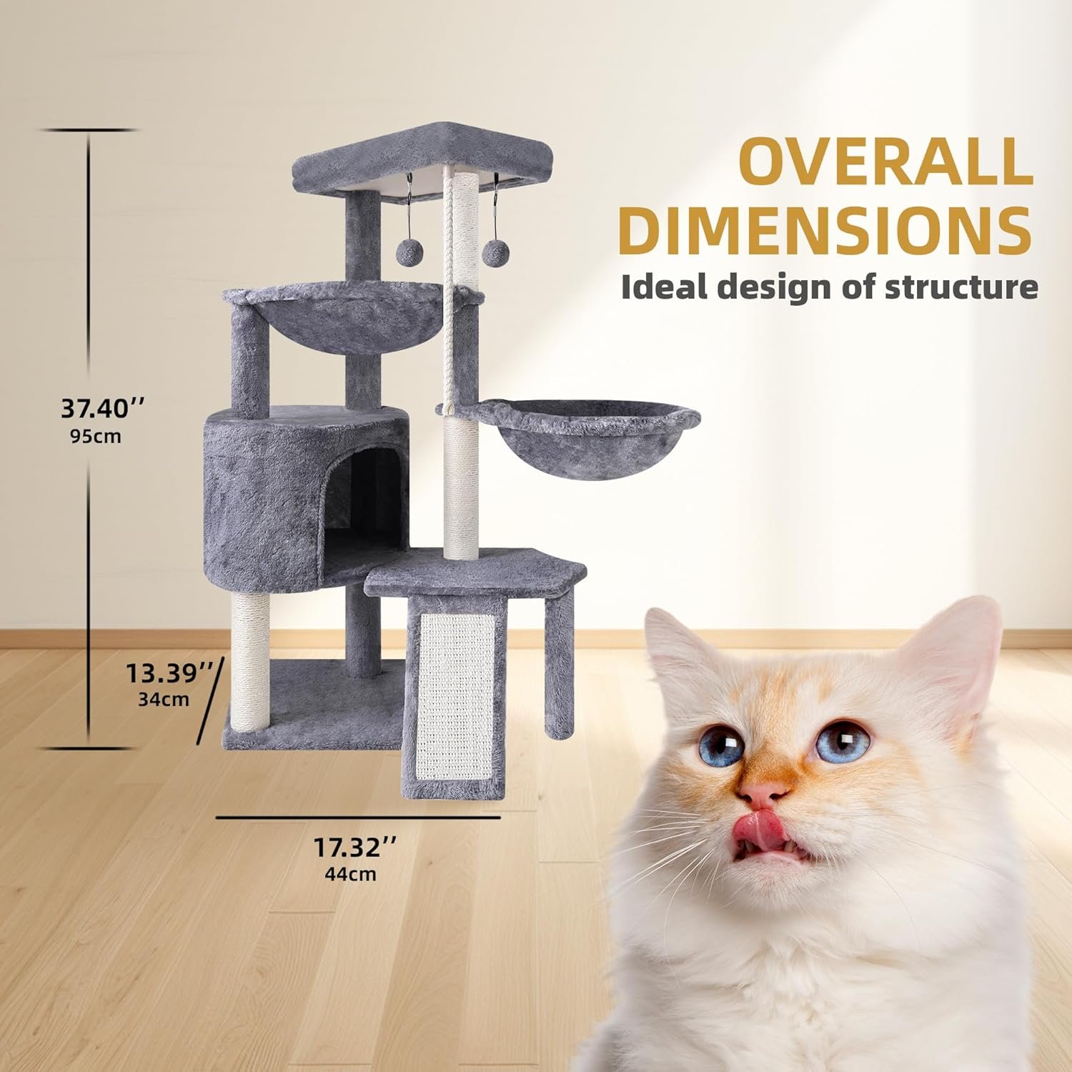 Xin Three Layer Cat Tree with Cat Condo and Two Hammocks,Grey - Image 3
