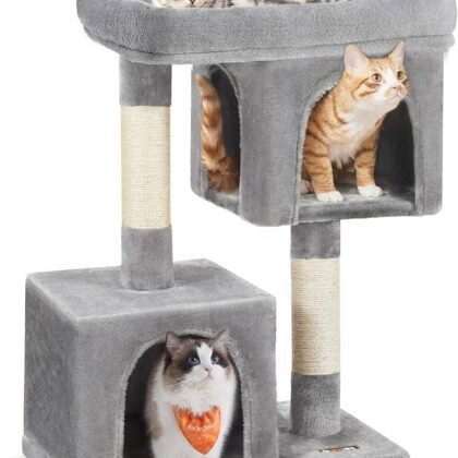 Feandrea Cat Tree, 33.1-Inch Cat Tower, Plush Condo for Large Cats up to 16 lb, Large Perch, 2 Caves, Scratching Post, Light Gray UPCT61W