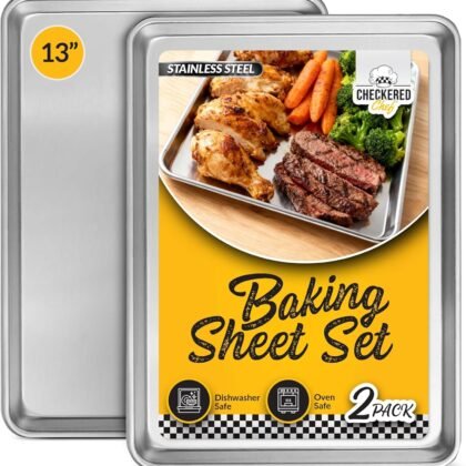 Checkered Chef Baking Sheet Set - 13" x 9.5" Stainless Steel Quarter Pans for Baking and Cooking (2 Pack)