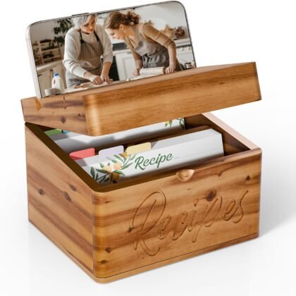 Acacia Recipe Box with Recipe Cards 4x6 - Wooden Box with Dual Slot, 2 Compartment - Comes with 100 Index Card 4x6, 8 Dividers - 2in1 Recipe Slot and Smartphone Holder - No Assembly Required