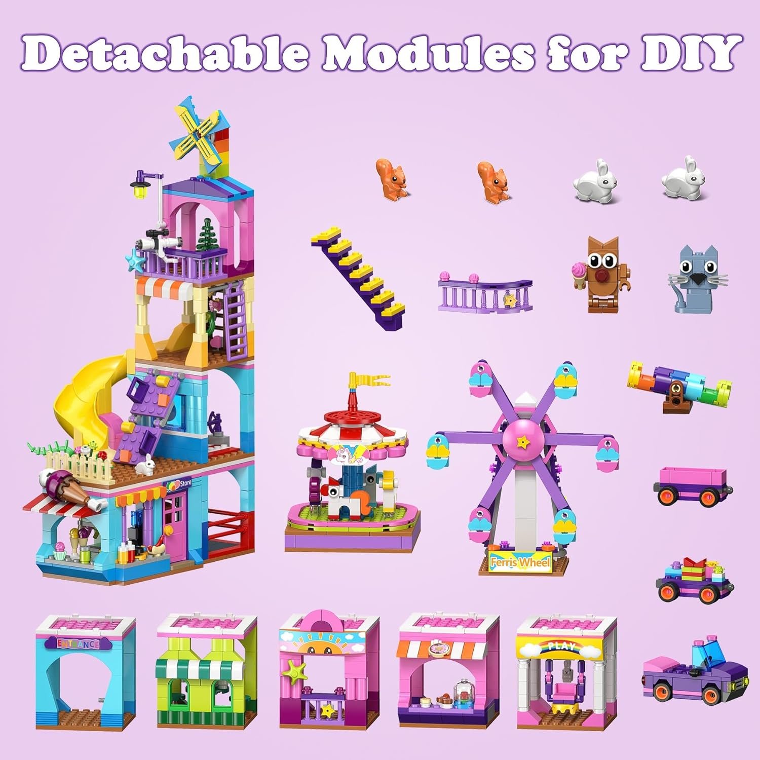 HOGOKIDS 3 Modes Girls Park Building Set - Friendship City Park Building Blocks Toy Set, Friends DIY Building Toys with Ferris Wheel, Spinning Carousel, Slide | Gifts for Girls Boys Age 8 9 10 11 12+ - Image 3