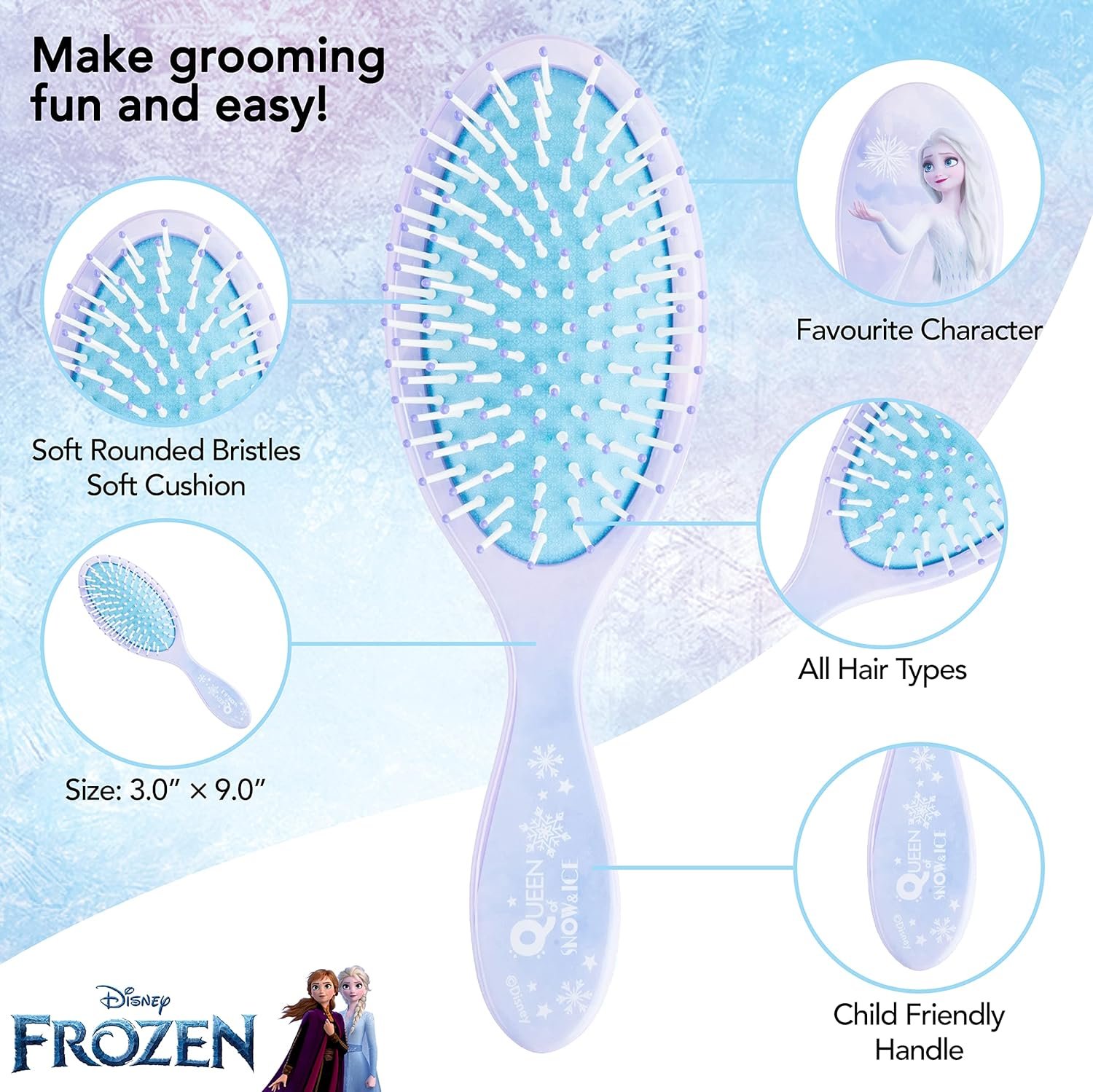 Frozen Princess Elsa Hair Accessory 5 Pcs Set - 1 Regular 9 inch Frozen Hairbrush & 4 Frozen Scrunchies - Detangling Brush & Elastic Hair Ties Ropes for Girls, Ages 3+ - Image 4