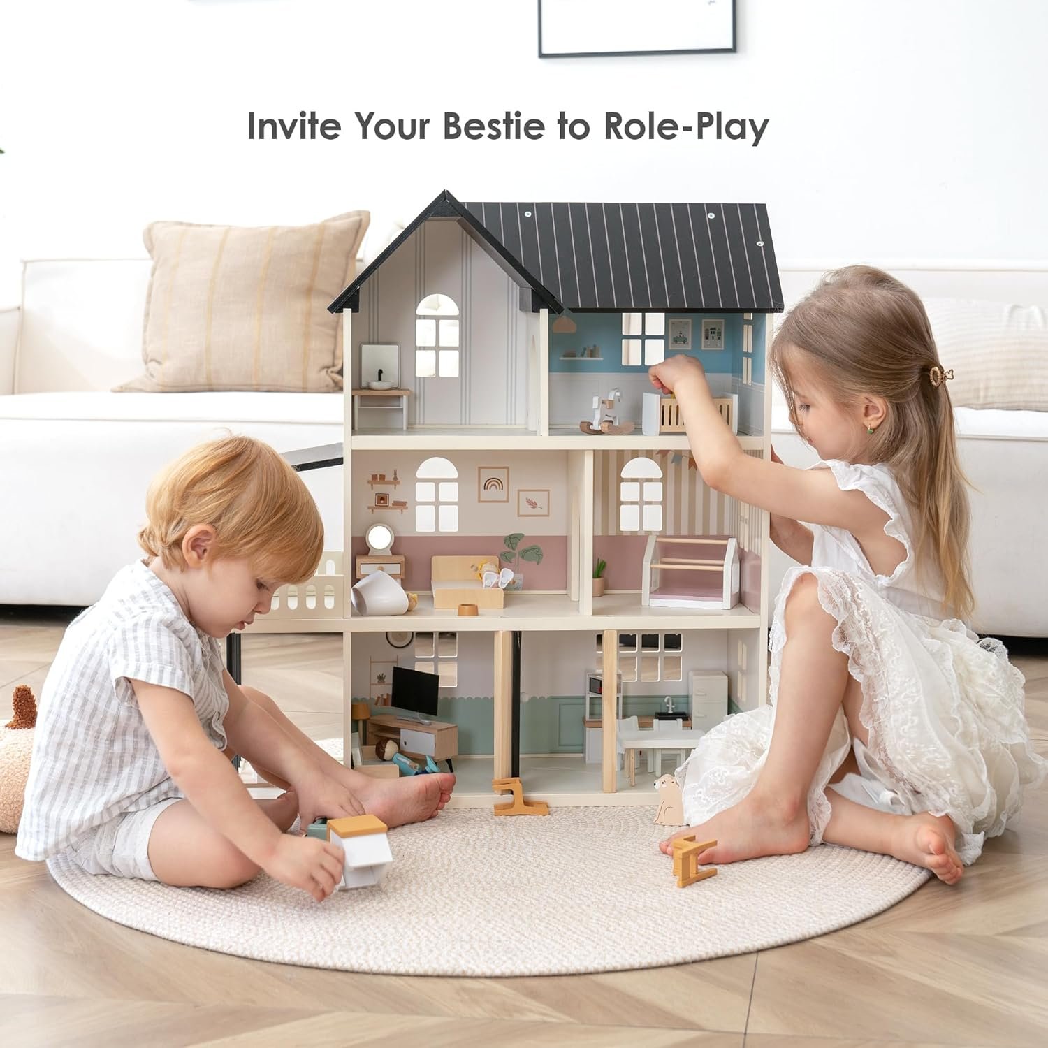 Wooden Dollhouse for Kids, 6-Room Modern Style Toy Doll House Playset with 26 Furniture & Functional Doors, 1:12 Scale Open Plan Dollhouse Designed for 4-6 Inch Dolls, STEM Creative Gift for Ages 3+ - Image 2